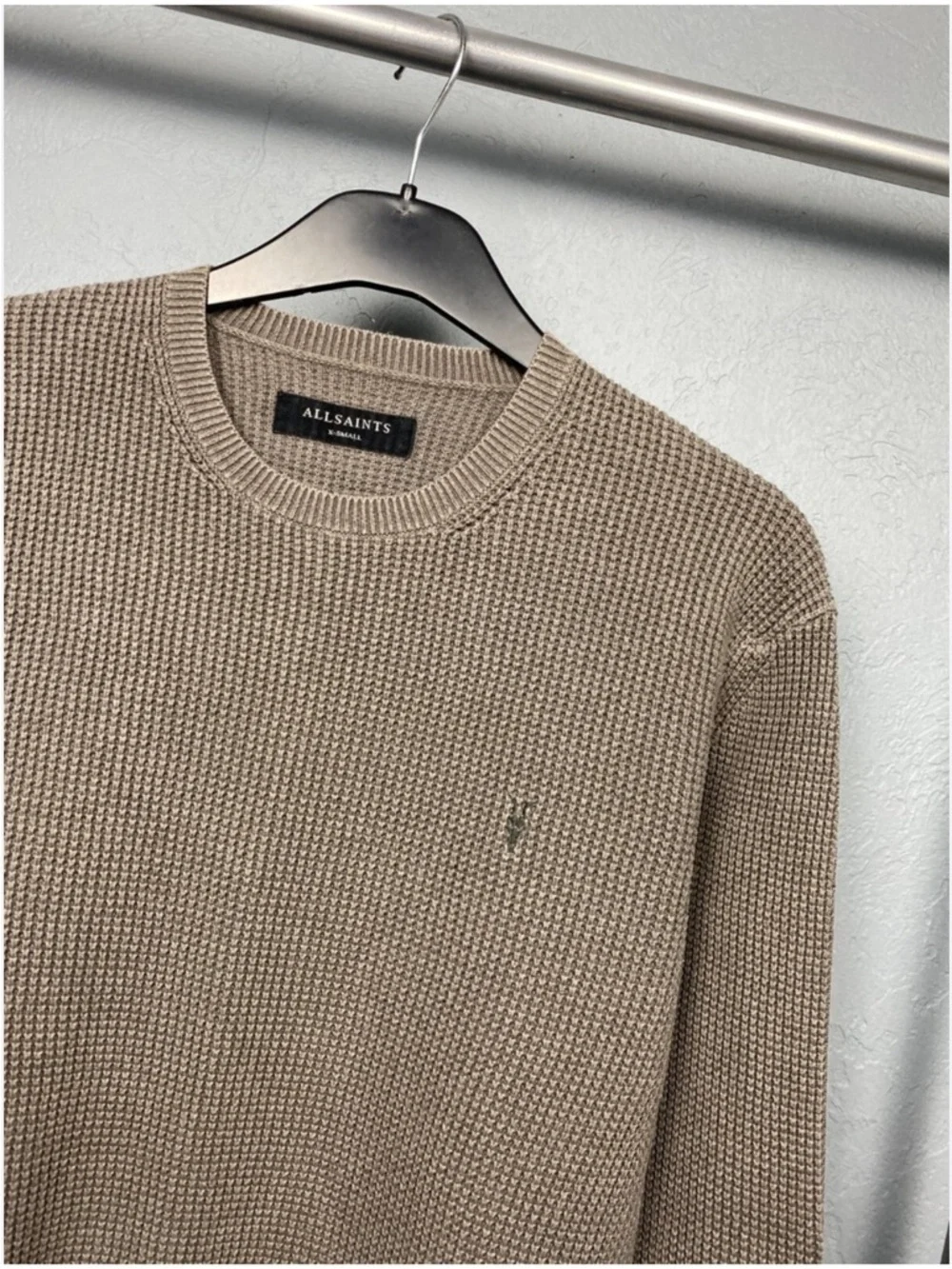 AllSaints Aspen Waffle Texture Crew Neck Ramskull Tan Sweater Size Small